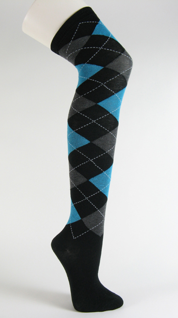 Black with sky blue charcoal socks over knee argyle - Click Image to Close
